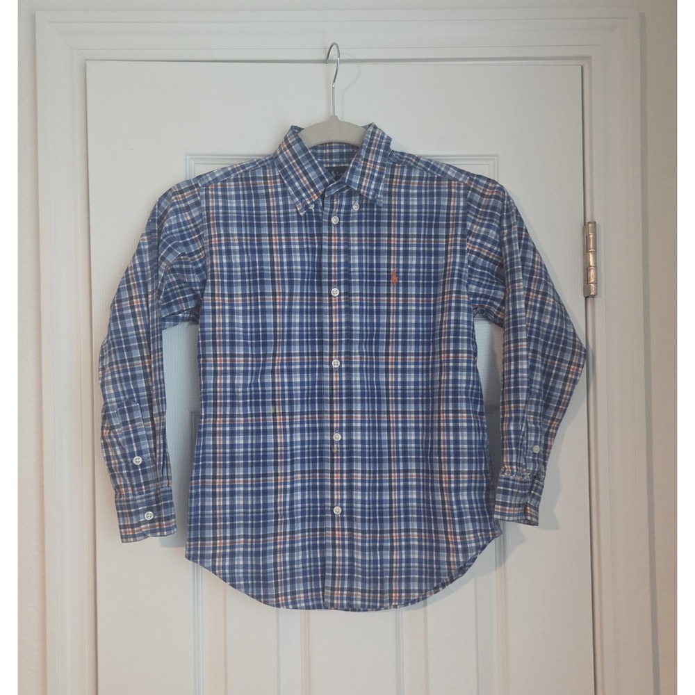 Polo Ralph Lauren Boys Plaid Button Down Shirt Long Sleeve Blue Orange Size 7